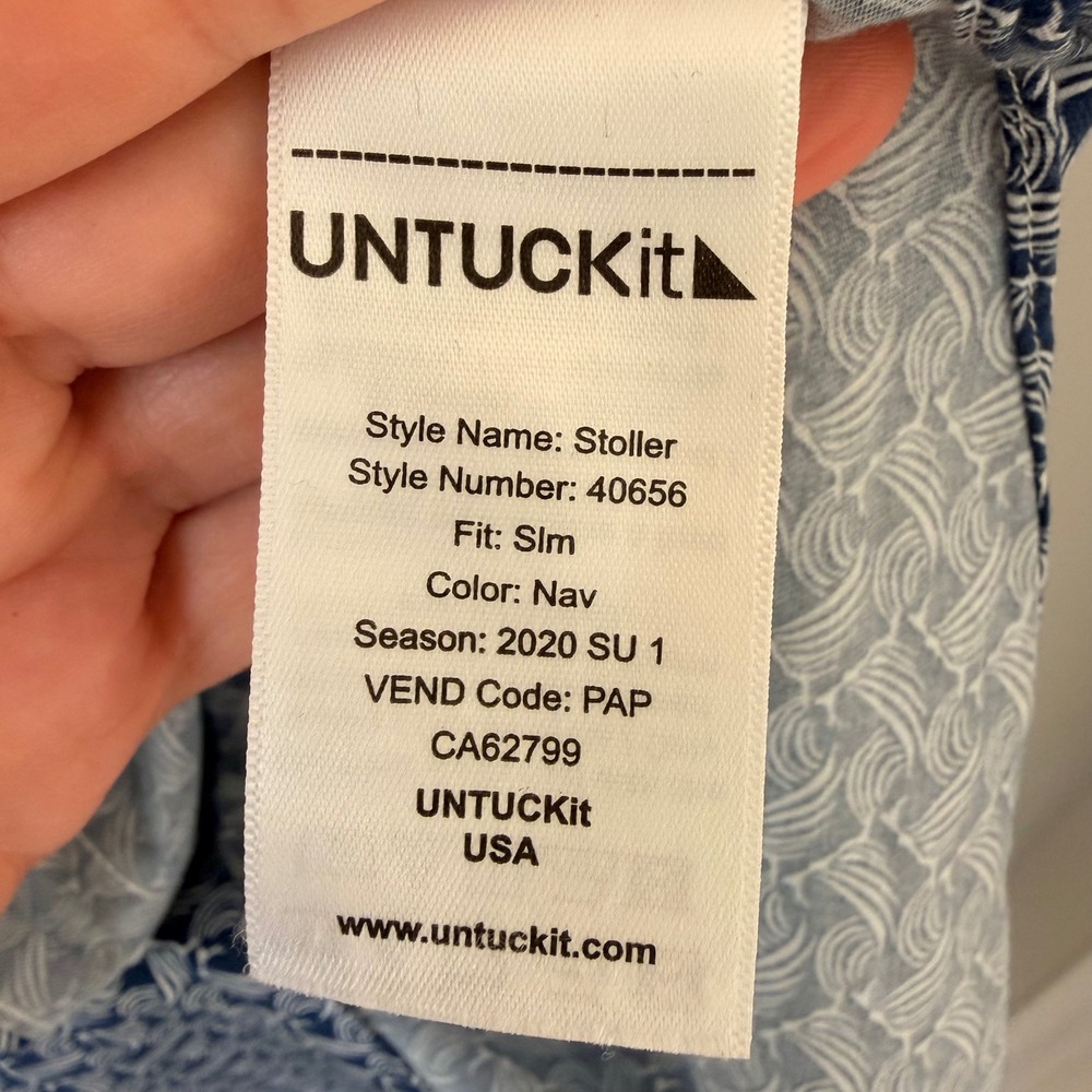 UNTUCKit Stoller Slim Fit Navy Wave Short Sleeve Shirt (Large) Summer Coastal - Picture 9 of 12